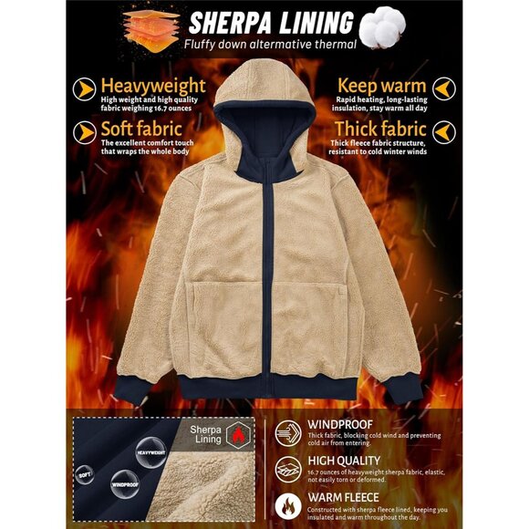 Mens Winter Hoodie Full Zip Fleece Sherpa Lined Warm Navy Casual Sweatshirt - Picture 2 of 6